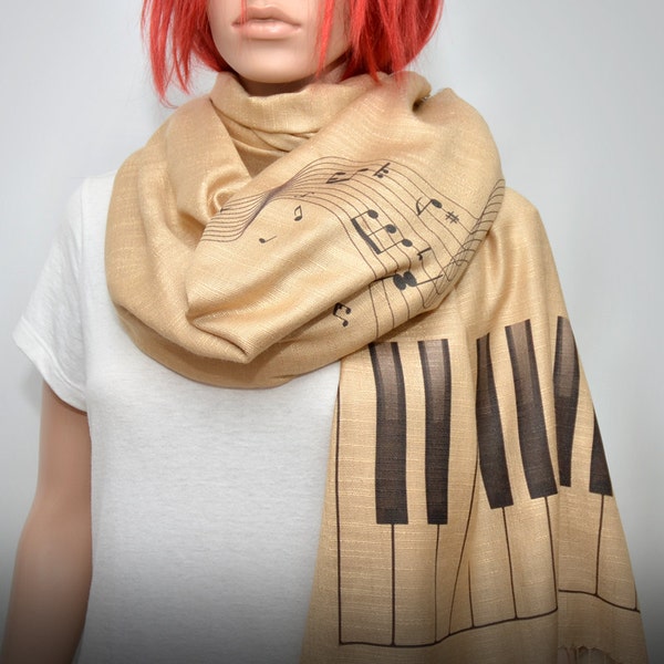 Music scarf, Piano Scarf, cream beige scarf, Music notes scarf, long soft scarf/shawl