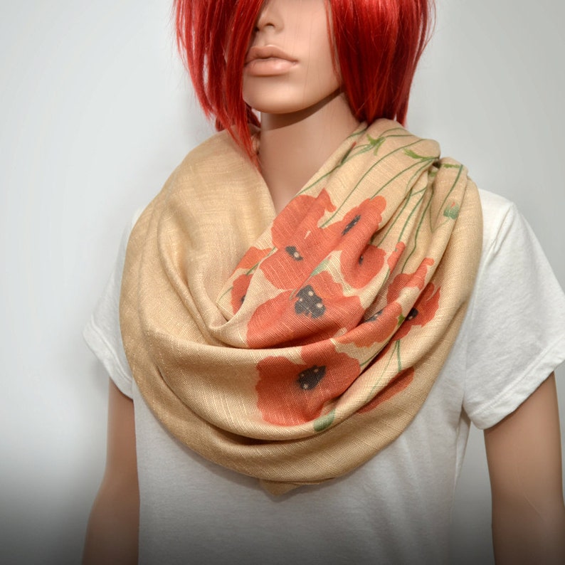 Poppy scarf, red poppy, cream beige scarf, neutral scarf, long soft scarf/shawl image 5