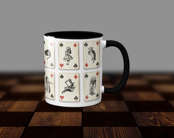 Alice in Wonderland themed coffee mug.  Alice, White Rabbit, Mad Hatter, Cheshire Cat, Queen of Hearts, Mock Turtle and Duchess .