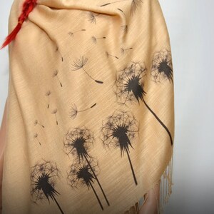 Dandelion scarf, dandelions, cream beige scarf, flower scarf, long soft scarf/shawl