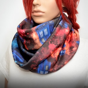 Colorful infinity scarf with galaxy Doctor Who tardis print