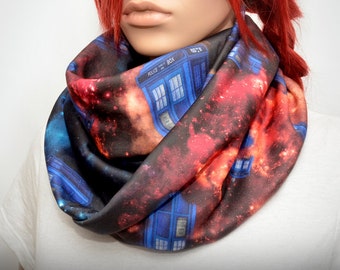 Colorful infinity scarf with galaxy Doctor Who tardis print
