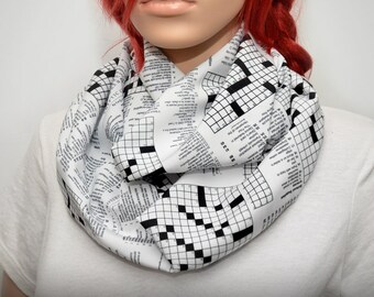 Black & White  infinity scarf with crossword puzzles print