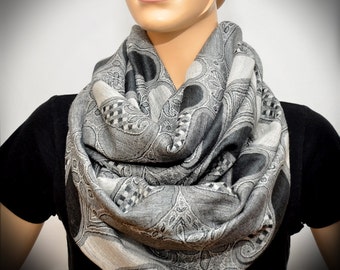 Free US Shipping - Silver Gray Paisley scarf - Infinity scarf