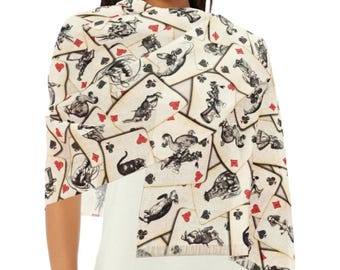 Alice in Wonderland Playing Card light scarf. Alice, White Rabbit, Mad Hatter, Cheshire Cat, Queen of Hearts, Mock Turtle, Caterpillar