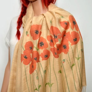 Poppy scarf, red poppy, cream beige scarf, neutral scarf, long soft scarf/shawl image 3