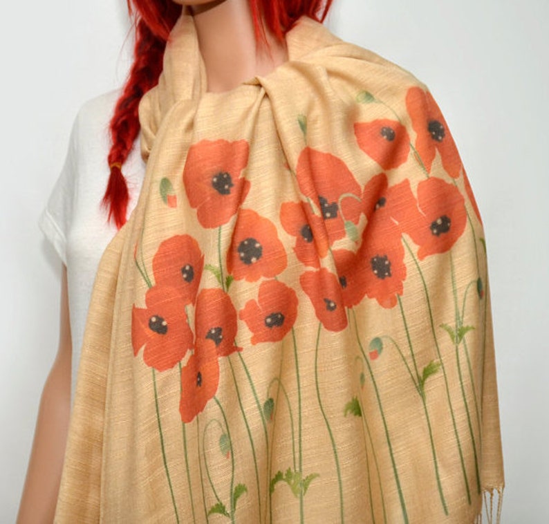 Poppy scarf, red poppy, cream beige scarf, neutral scarf, long soft scarf/shawl image 3