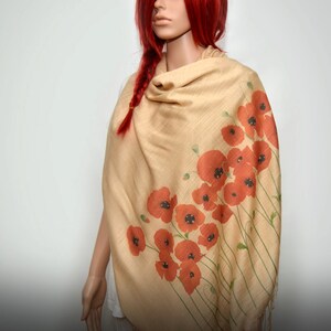 Poppy scarf, red poppy, cream beige scarf, neutral scarf, long soft scarf/shawl image 4