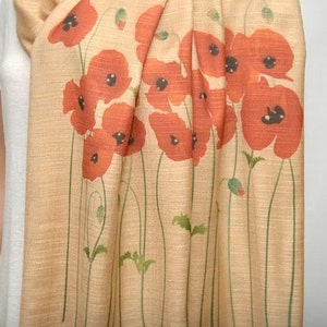 Poppy scarf, red poppy, cream beige scarf, neutral scarf, long soft scarf/shawl