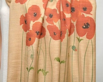 Poppy scarf, red poppy, cream beige scarf, neutral scarf, long soft scarf/shawl