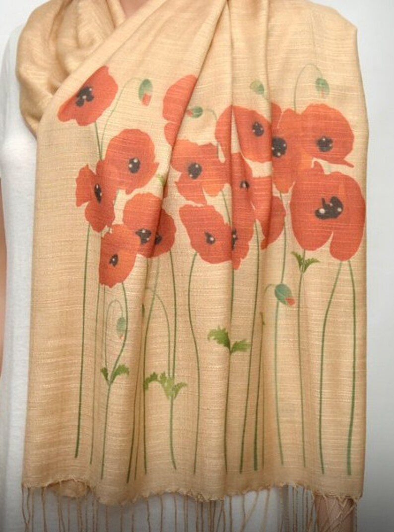 Poppy scarf, red poppy, cream beige scarf, neutral scarf, long soft scarf/shawl image 1