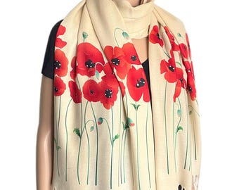 Red Poppy Scarf, Cream Floral Scarf, Long Soft Shawl Wrap, Beige Botanical Scarf, Poppy Flower Scarf, Lightweight Women's Gift