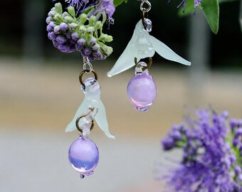 Handmade Glass Flower Earrings, Lavender Blue Floral Drop Earrings, Botanical Glass Dangle Earrings, Romantic Nature Inspired Jewelry