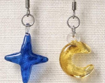 Handgefertigte Glasohrringe,Stern,Blau,Mond,Gelb