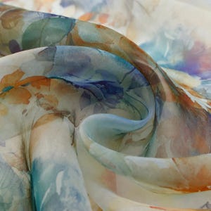 Structured Semi-Sheer Blue Multicolor Oil Painting-Style Floral Print Organza Fabric for Shirts, Gowns and Tulle Skirts