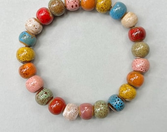 Handmade Ceramic Bead Bracelet, Rainbow Speckled Glaze, 8mm Beads