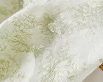 Tela de organza floral verde claro semitransparente nacarada, organza estampada para vestidos, trajes de noche y prendas de moda de diseñador.