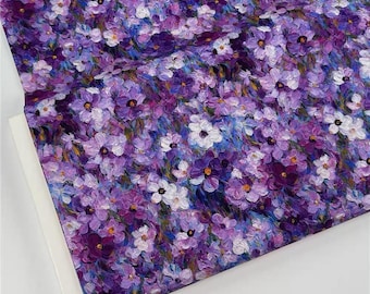 Tela de algodón de tejido liso con estampado floral pequeño estilo pintura al óleo en color púrpura, tela hecha a mano para vestidos, cubiertas de libros, sombreros y accesorios.