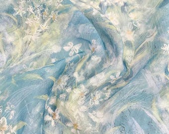 Light blue watercolor floral chiffon fabric, soft drapey and flowing fabric for spring and summer dresses, handmade DIY sewing projects