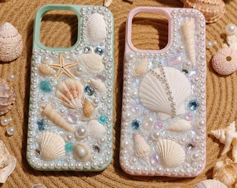 Funda para iPhone con diseño de concha marina, funda para teléfono hecha a mano con conchas marinas, funda para teléfono de playa en verde menta o rosa, kit para armar o funda terminada.