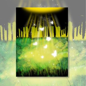 Cartes illustrées numériques, dessin et peinture à la main, illustrations, original, unique, fleurs, nature, arbre, détente, papillons, forêt