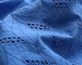 Klein Blue Combed Cotton Leaf Cutwork Embroidered Fabric, Solid Colour Pure Cotton Material for Dresses, Children’s Clothing and Garments