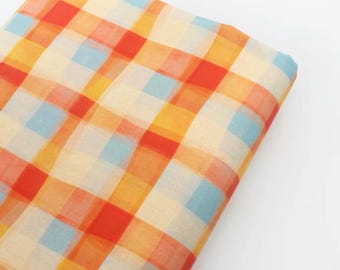 Orange, blau und gelber Aquarell-Stil karierte reine Baumwolle, Baumwollstoff für Kleider, Tops, Shirts, Tischdecken