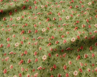 Kleiner floraler Rosenstoff aus 100% Baumwolle, grüne Leinwandbindung, steife Textur