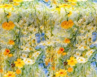 Tela de algodón 100% con estampado floral amarillo tipo pintura al óleo, tejido liso, tela de flores vibrantes para vestidos, manteles, ropa infantil y blusas.