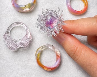 Anillos de vidrio coloridos, conjunto de anillos llamativos hechos a mano, anillos irregulares transparentes, regalo de joyería artística para ella, anillo único de estilo resina, rosa