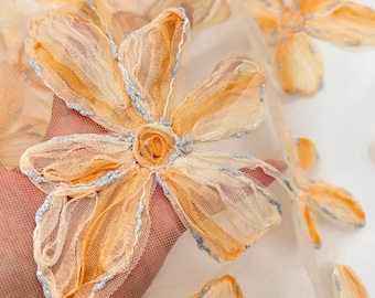Tela de malla floral bordada en 3D de color naranja, tela de tul con flores en relieve para vestidos, camisas, vestidos de fiesta y proyectos de costura DIY de primavera y verano.