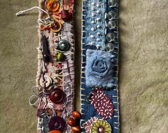 Pulsera de tela teñida a mano, pulsera de puño textil bohemia, brazalete bordado de patchwork, joyería de tela única hecha a mano