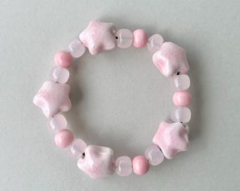 Handmade Ceramic Bead Bracelet, Widest bead: 10mm, Pink