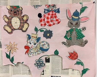 Children’s Storybook Pattern Nursery Decorative 100% Polished Cotton Fabric In Candy Pink With Bunnies And Bears Design CIRCA 1960s