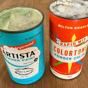 Vintage Paint Art Supplies Set of Two Cans of Powdered Pigments by Binney and Smith and Milton Bradley circa 1970s
