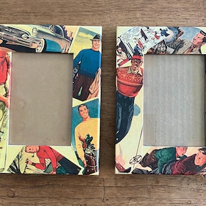 May include: Two vintage-style picture frames with retro illustrations. One frame features a golfer, a classic car, and men in casual attire. The other frame showcases skiers and men in sweaters. Both frames have a yellow background.