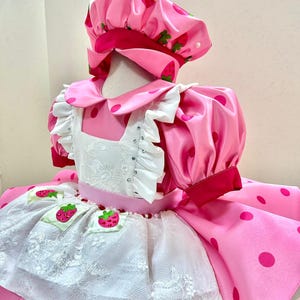 Vestido de niña con diseño de fresa rosa, traje de cumpleaños infantil de lunares con sombrero, vestido de fiesta de inspiración vintage para niños.