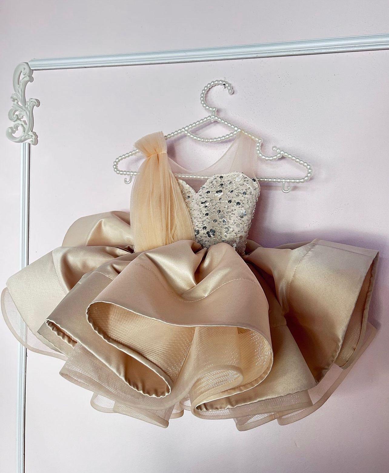 Gold Tulle Flower Dress, Birthday Pearl Stone Tutu Dress, Birthday Outfit, Princess Style Dress, Flower Girl Dress Toddler