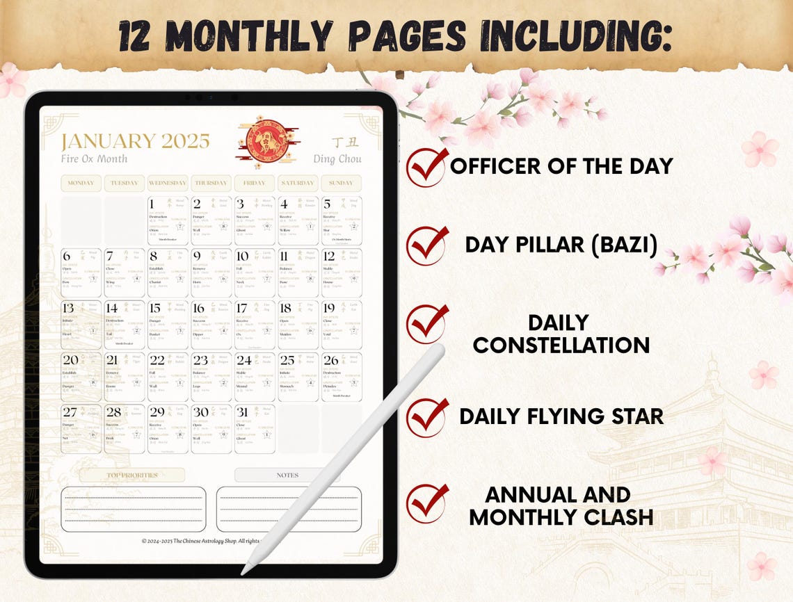 2025 Printable Chinese Astrology Tong Shu Monthly Calendar With Bazi