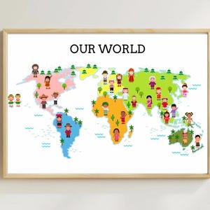 Wereldkaart kinderen afdrukken – multiculturele kinderkaart, educatieve muurkunst voor kinderen, geografie digitale print, diverse culturen kinderkamerdecoratie