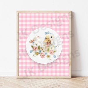Pink Floral Duck Bow Watercolour Vintage Gingham Border Print Poster - Nursery Print, Kids Room Decor