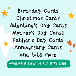 The image is a promotional graphic for an online shop that sells birthday, Christmas, Valentine's Day, Mother's Day, Father's Day, and anniversary cards. The text on the image announces that these cards are available for purchase on the shop's website.