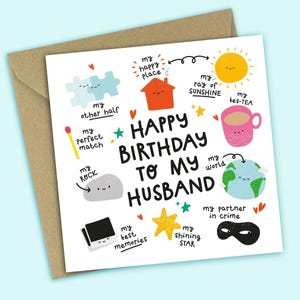 Könnte beinhalten: Eine quadratische Grußkarte mit braunem Umschlag und dem Text Happy Birthday To My Husband, umgeben von bunten Illustrationen wie einem Puzzle, Haus, Sonne, Teetasse, Erde, Streichholz, Stein, Foto, Stern und Maske mit Beschriftungen.