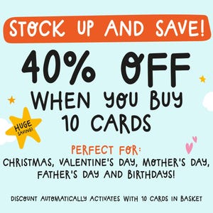 The image is an advertisement for a sale on greeting cards, offering a 40% discount when purchasing 10 or more cards. The text highlights the sale and encourages customers to take advantage of the offer.