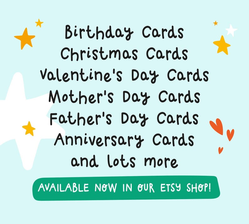 The image is a promotional graphic for an online shop that sells birthday, Christmas, Valentine's Day, Mother's Day, Father's Day, and anniversary cards. The text on the image announces that these cards are available for purchase on the shop's website.