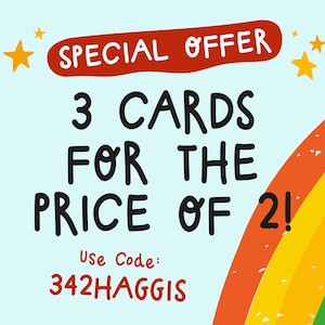The image is a promotional poster for a special offer, featuring a rainbow and stars. The text on the poster announces a deal where customers can purchase 3 cards for the price of 2, with a use code provided.