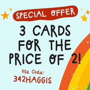 The image is a promotional poster for a special offer, featuring a rainbow and stars. The text on the poster announces a deal where customers can purchase 3 cards for the price of 2, with a use code provided.