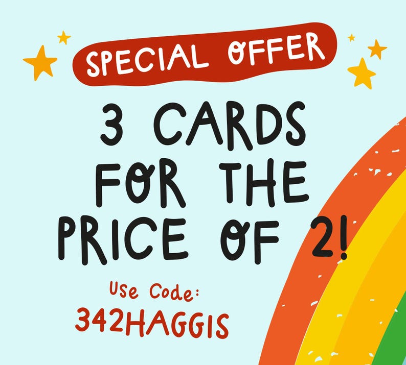 The image is a promotional poster for a special offer, featuring a rainbow and stars. The text on the poster announces a deal where customers can purchase 3 cards for the price of 2, with a use code provided.