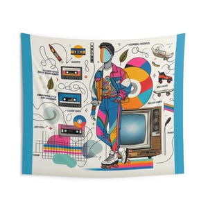 Retro sfeer wandtapijt, nostalgisch interieur, op de jaren 80 geïnspireerd wandtapijt, vintage kunst wandtapijt, kleurrijke woonkamerdecoratie