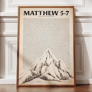 Puede incluir: Una ilustración en blanco y negro de una cordillera con el texto "MATTHEW 5-7 (SERMON ON THE MOUNT)" impreso sobre la imagen.